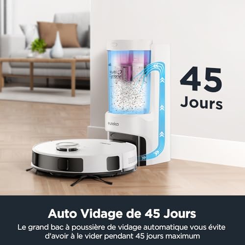 Robot aspirateur et laveur Eureka E10s, grand nettoyage avec navigation LiDAR, anti-poil, 180 min d'autonomie, blanc