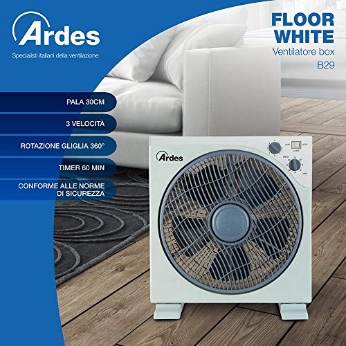 ARDES AR5B29 Ventilateur de table ou sur pied - 5 pales, 3 vitesses, Rotation 360°, Minuterie, Blanc