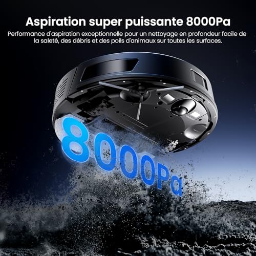 Proscenic Q8 Max Aspirateur Robot 8000Pa avec Vidage Automatique, Navigation Lidar pour Cartographie Multi-étages, Netto