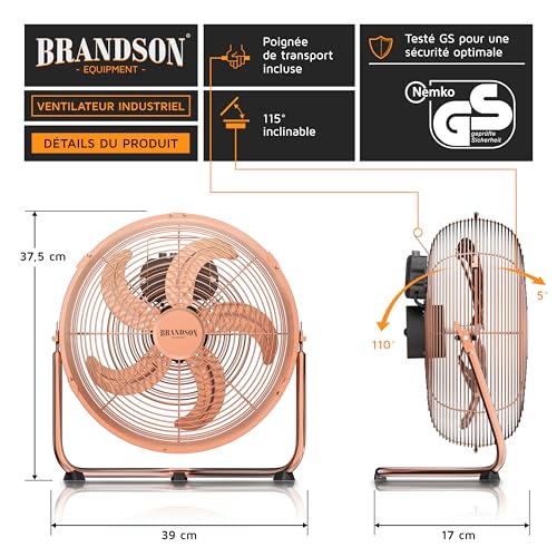 Brandson Ventilateur de Sol Design rétro, 3 Vitesses, Faible, Moyenne, Haute - Inclinable à 120°, Rétro Cuivré - Débit d