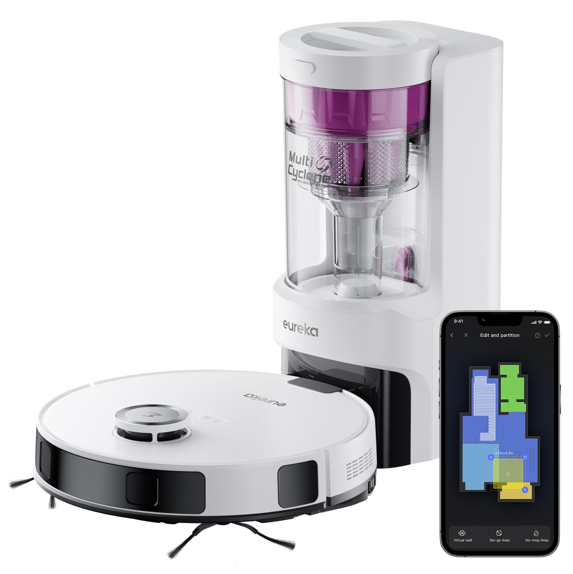 Robot aspirateur et laveur Eureka E10s, grand nettoyage avec navigation LiDAR, anti-poil, 180 min d'autonomie, blanc