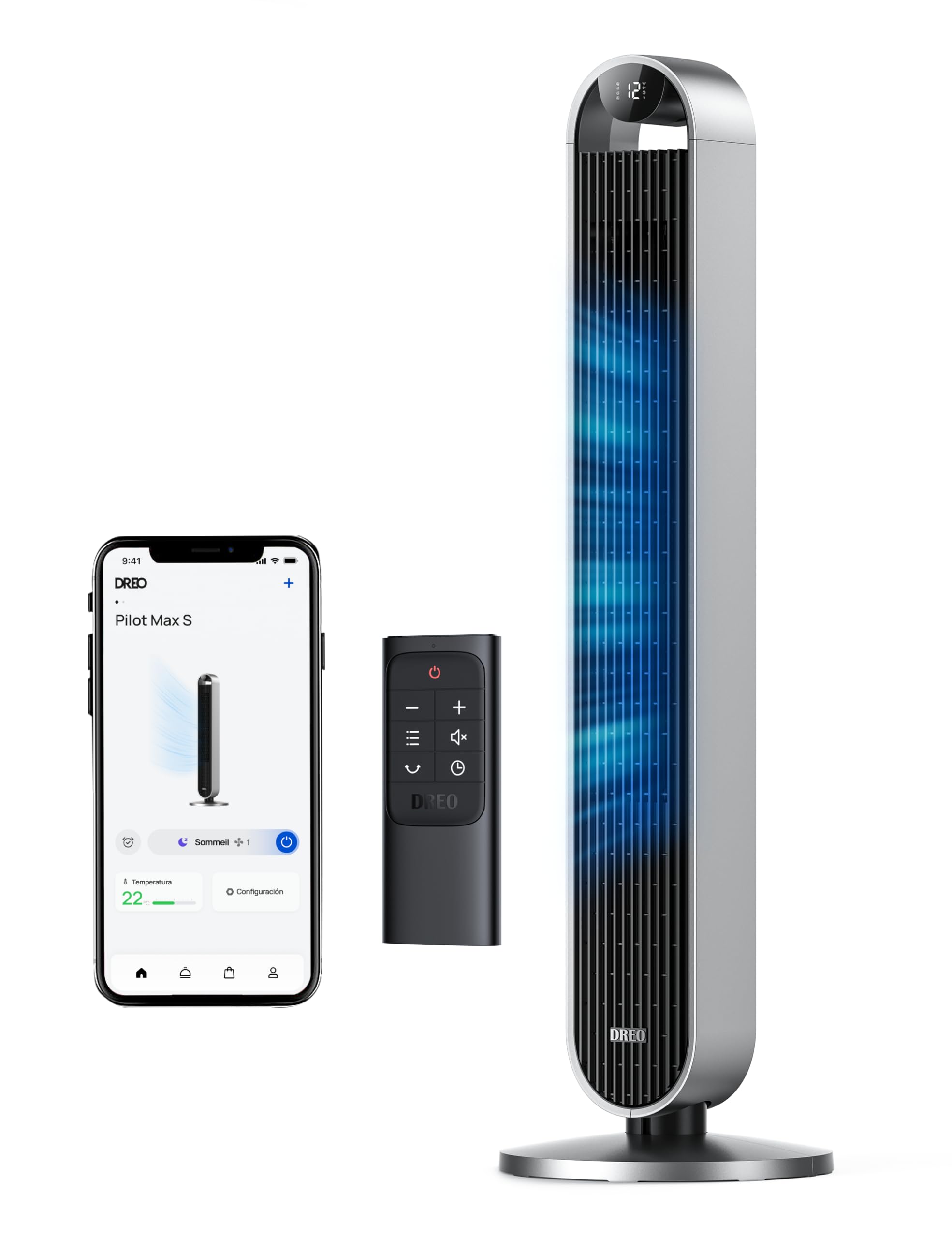 Dreo Ventilateur colonne silencieux 25dB avec Alexa et APP, pour chambre, 12 modes, sans pales, oscillant 120°