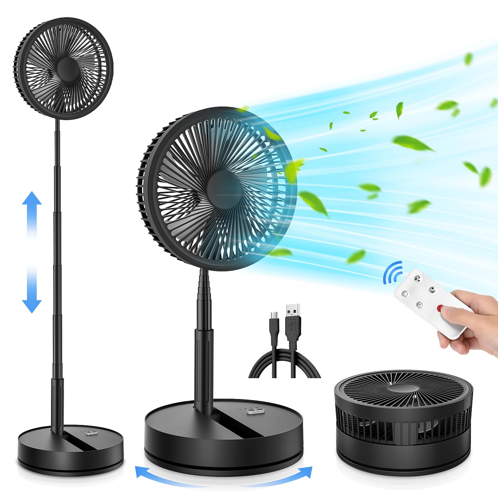 Ventilateur sur Pied Silencieux USB Rechargeable 7200mAh avec 4 Modes/Temps pour Bureau et Chambre — Mince et Pliable po