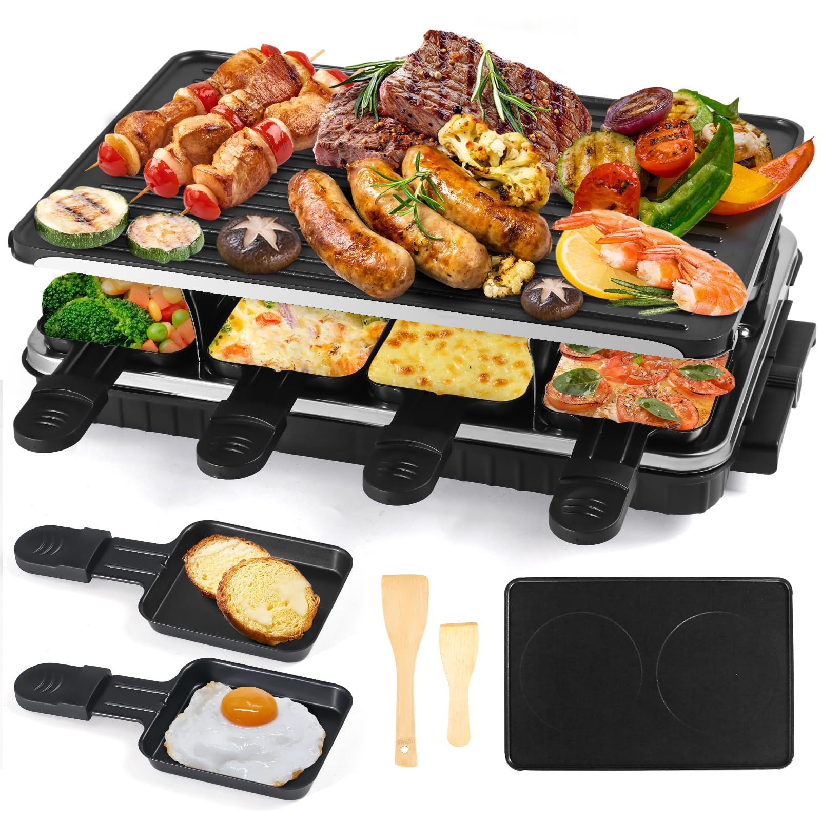 Appareil à raclette Anti-adhésif 8 Poêlon Machine à raclette individuellepour 8 Personnes 1300W Spatule inclus